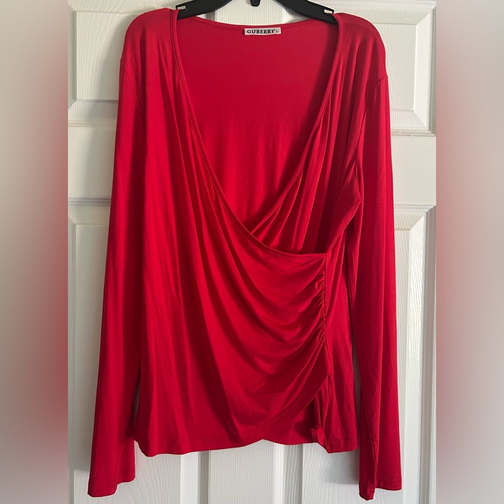 Elegant Red Draped Long Sleeve Top